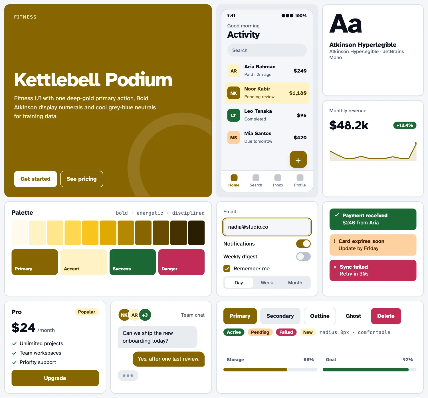 Kettlebell Podium across ten UI tiles: hero, phone screen, type, chart, palette, form, alerts, pricing, chat and buttons