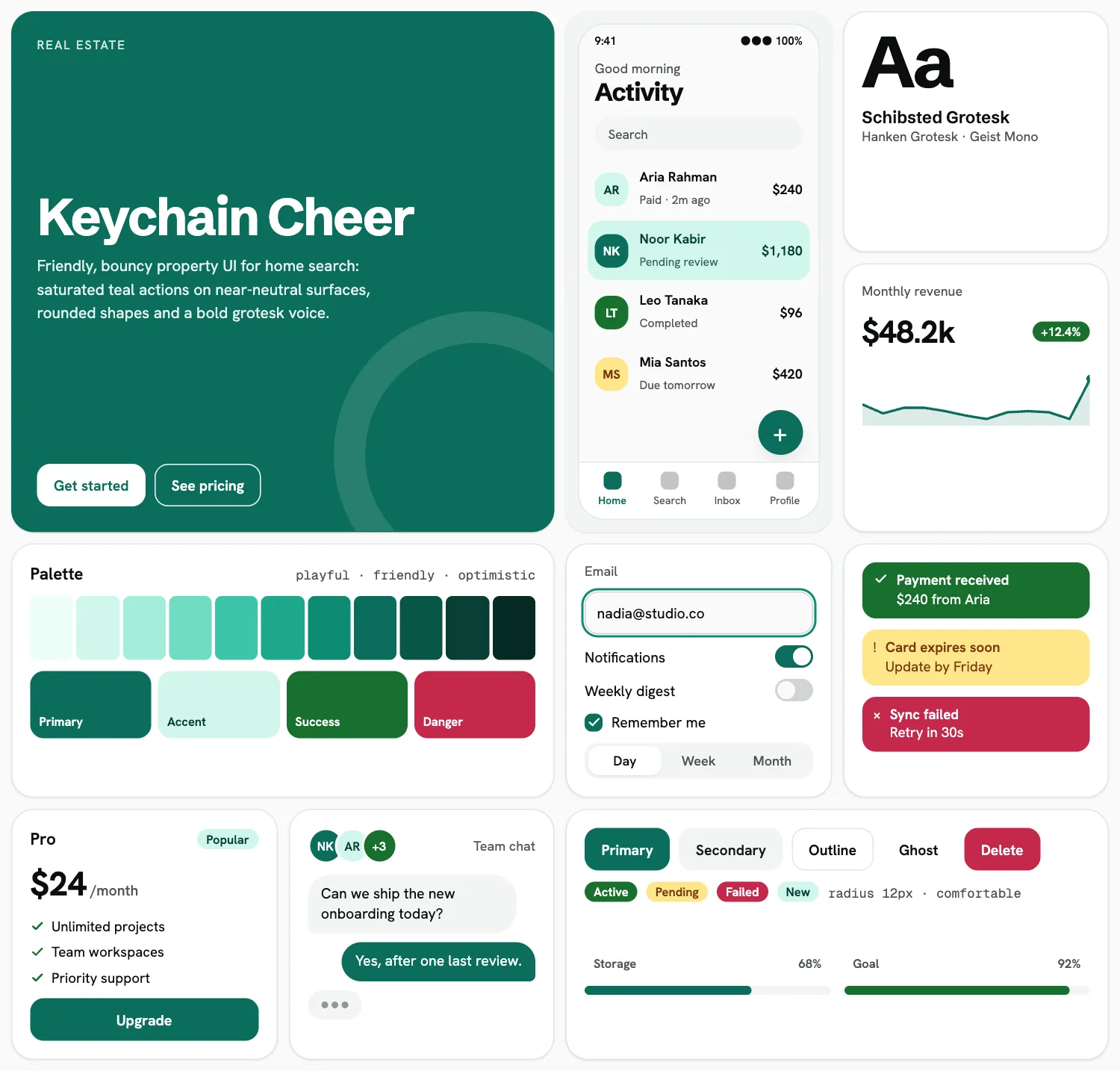 Keychain Cheer across ten UI tiles: hero, phone screen, type, chart, palette, form, alerts, pricing, chat and buttons