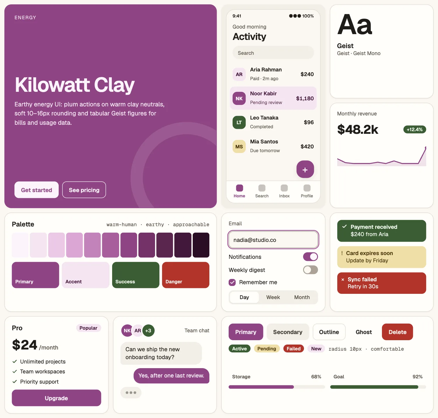 Kilowatt Clay across ten UI tiles: hero, phone screen, type, chart, palette, form, alerts, pricing, chat and buttons