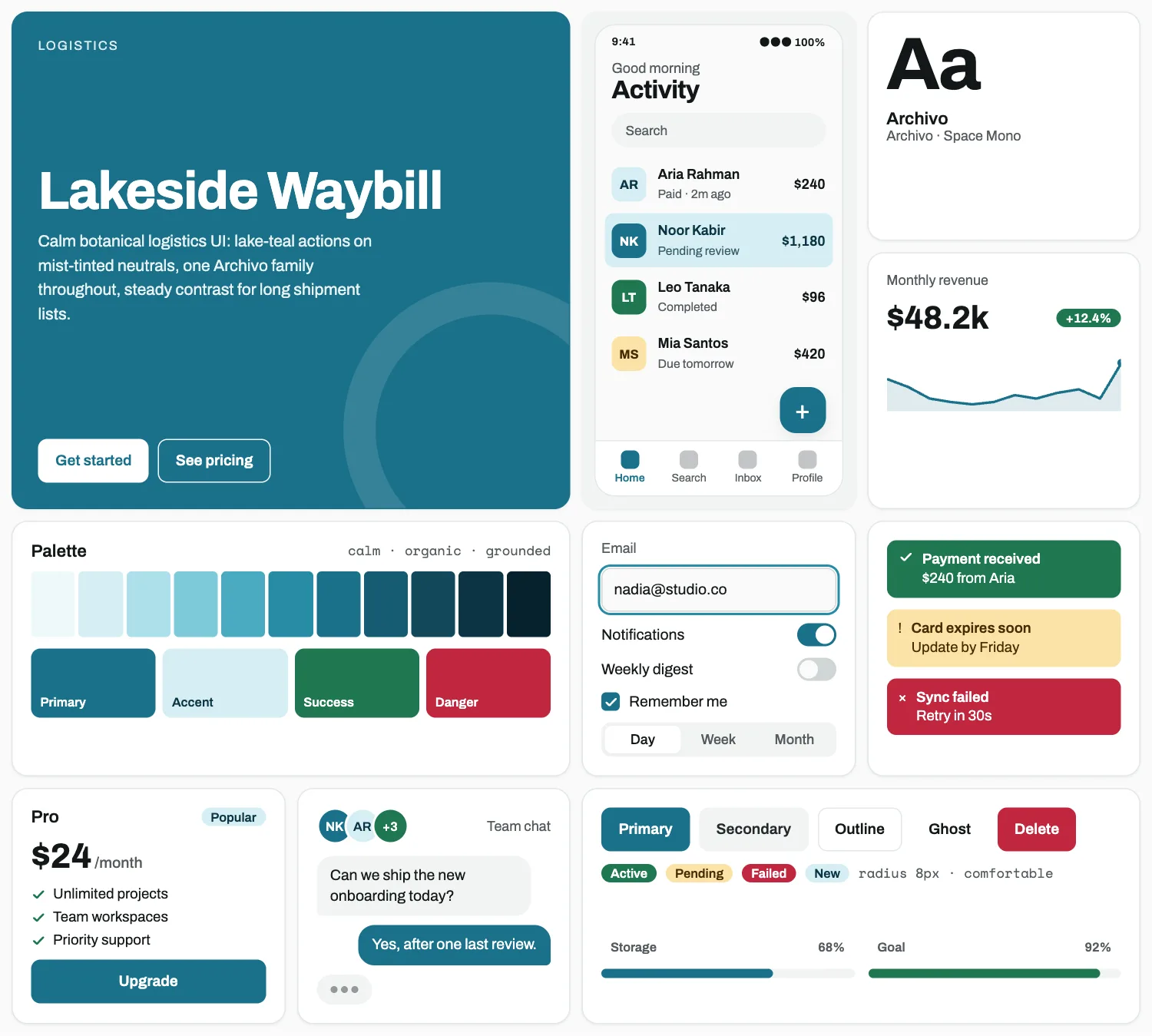 Lakeside Waybill across ten UI tiles: hero, phone screen, type, chart, palette, form, alerts, pricing, chat and buttons