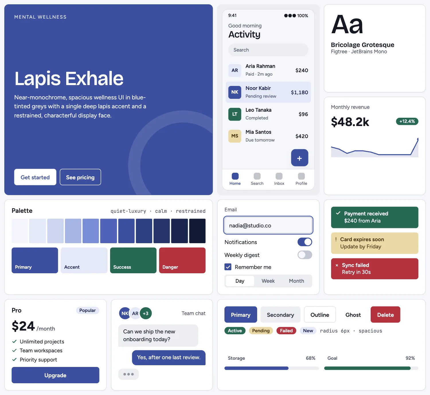 Lapis Exhale across ten UI tiles: hero, phone screen, type, chart, palette, form, alerts, pricing, chat and buttons