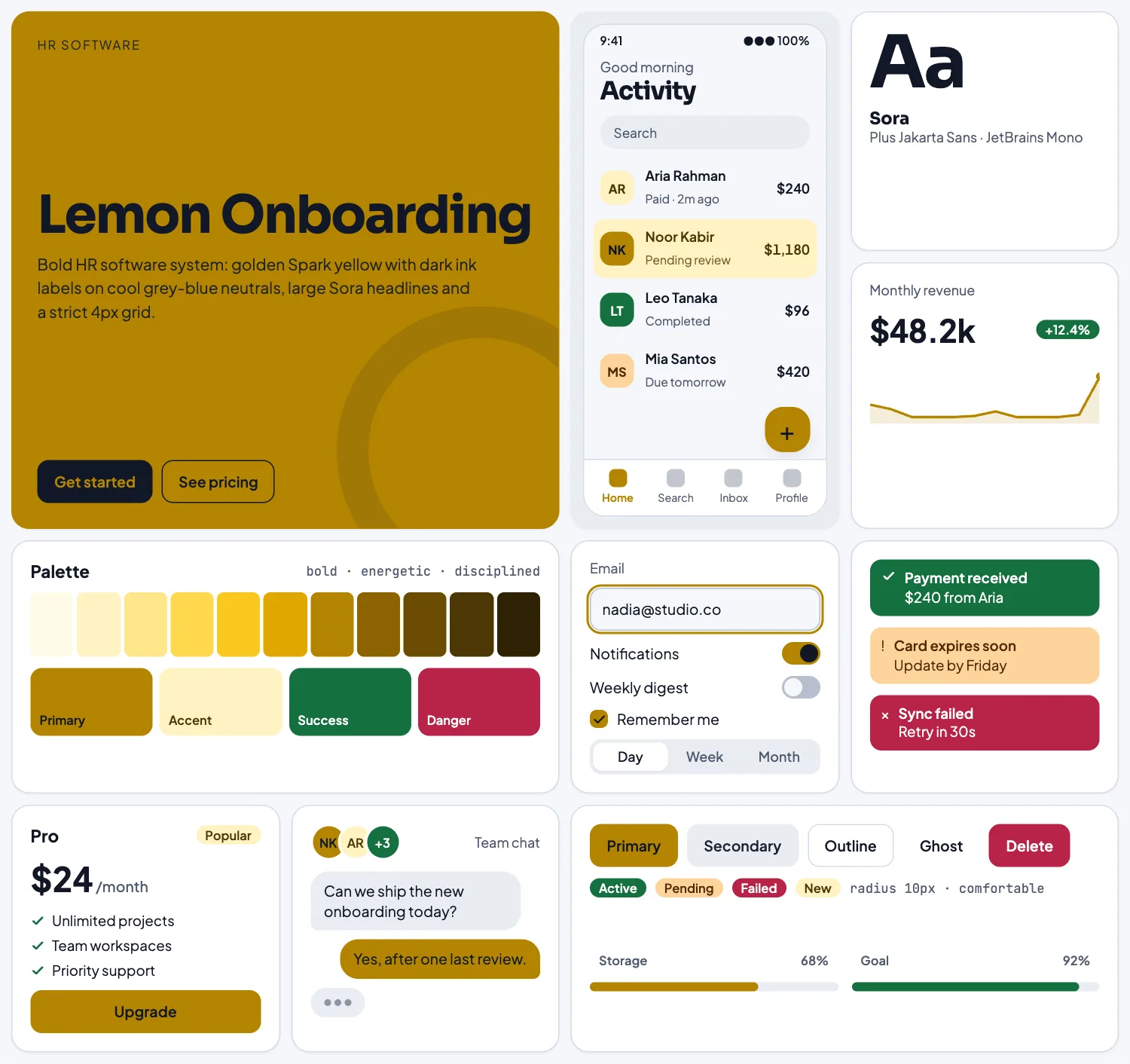 Lemon Onboarding across ten UI tiles: hero, phone screen, type, chart, palette, form, alerts, pricing, chat and buttons