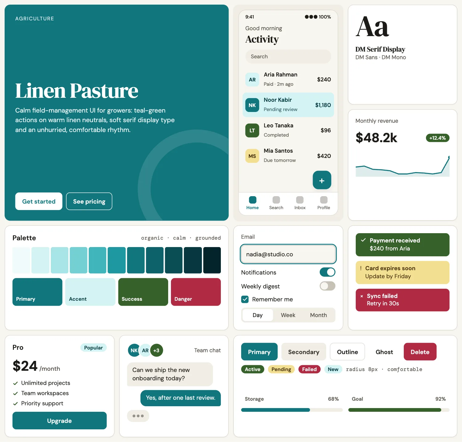 Linen Pasture across ten UI tiles: hero, phone screen, type, chart, palette, form, alerts, pricing, chat and buttons