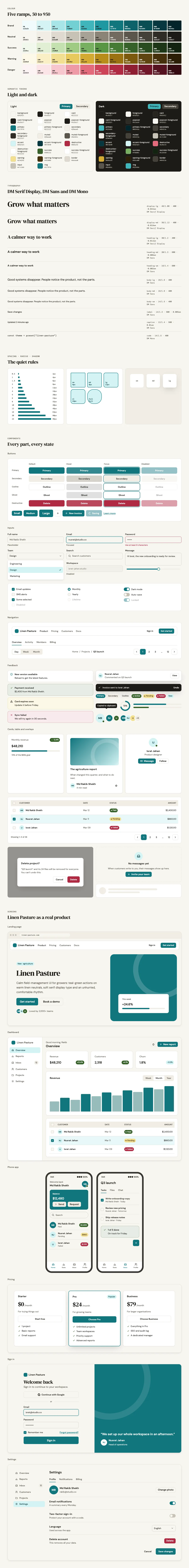 Linen Pasture full preview: colour ramps, light and dark tokens, type scale, components in every state and six product screens