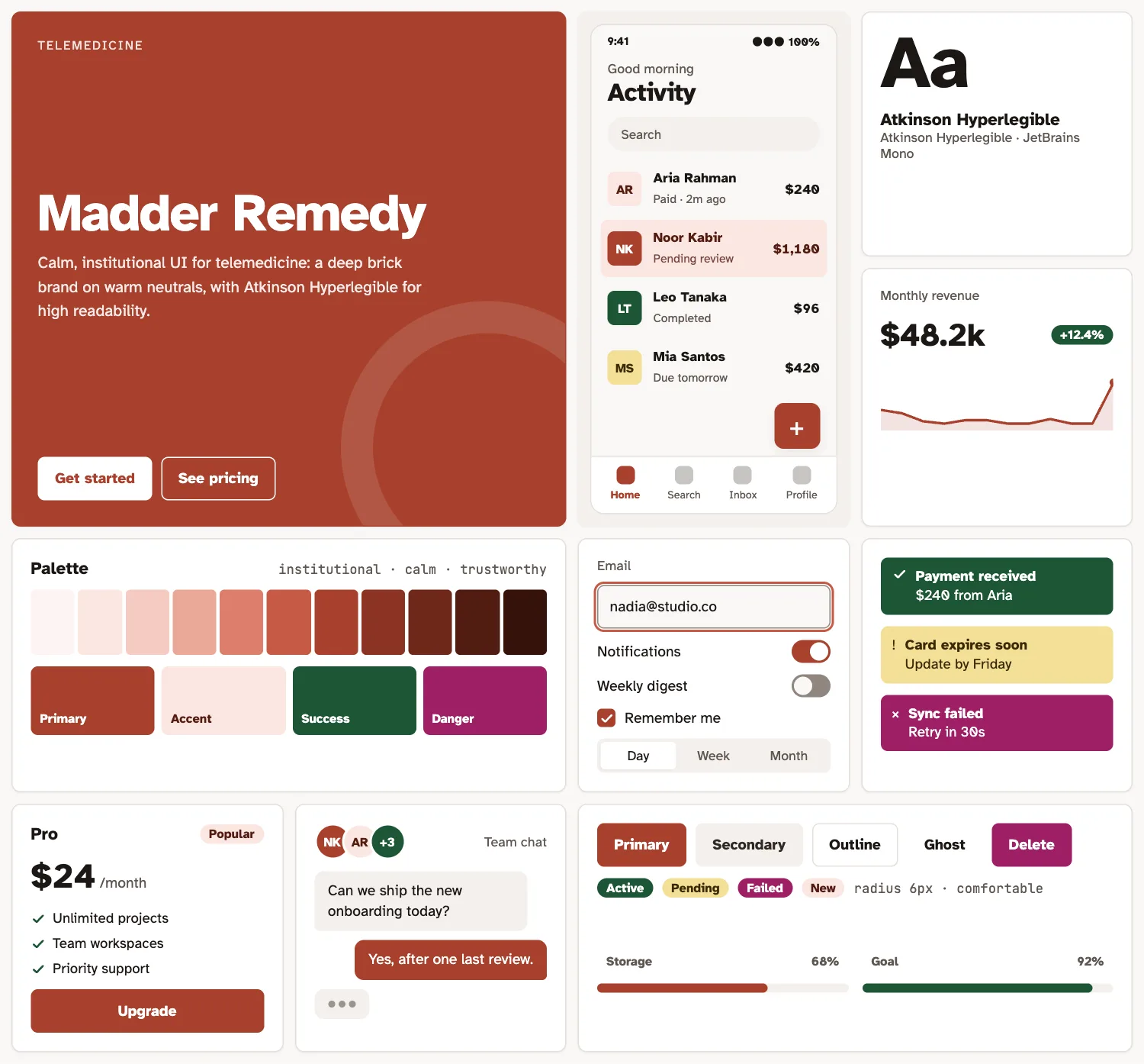 Madder Remedy across ten UI tiles: hero, phone screen, type, chart, palette, form, alerts, pricing, chat and buttons