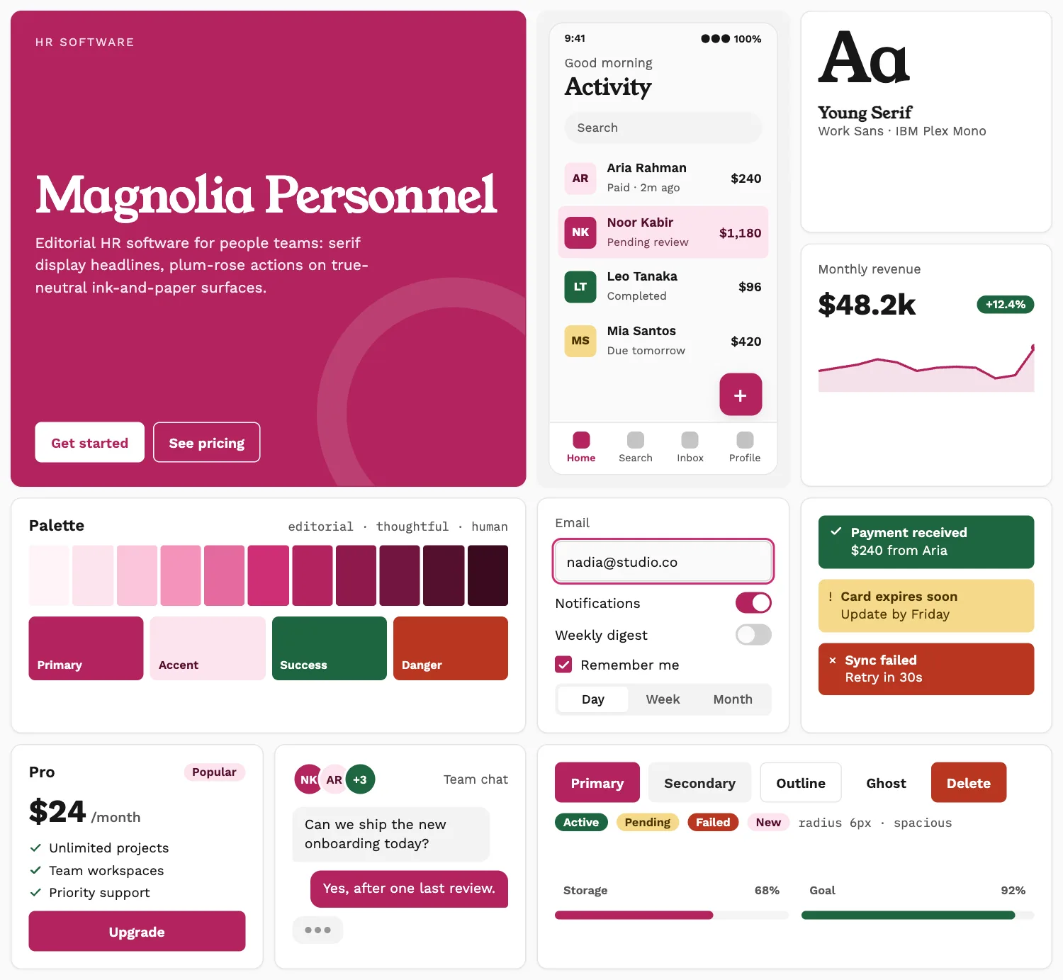 Magnolia Personnel across ten UI tiles: hero, phone screen, type, chart, palette, form, alerts, pricing, chat and buttons