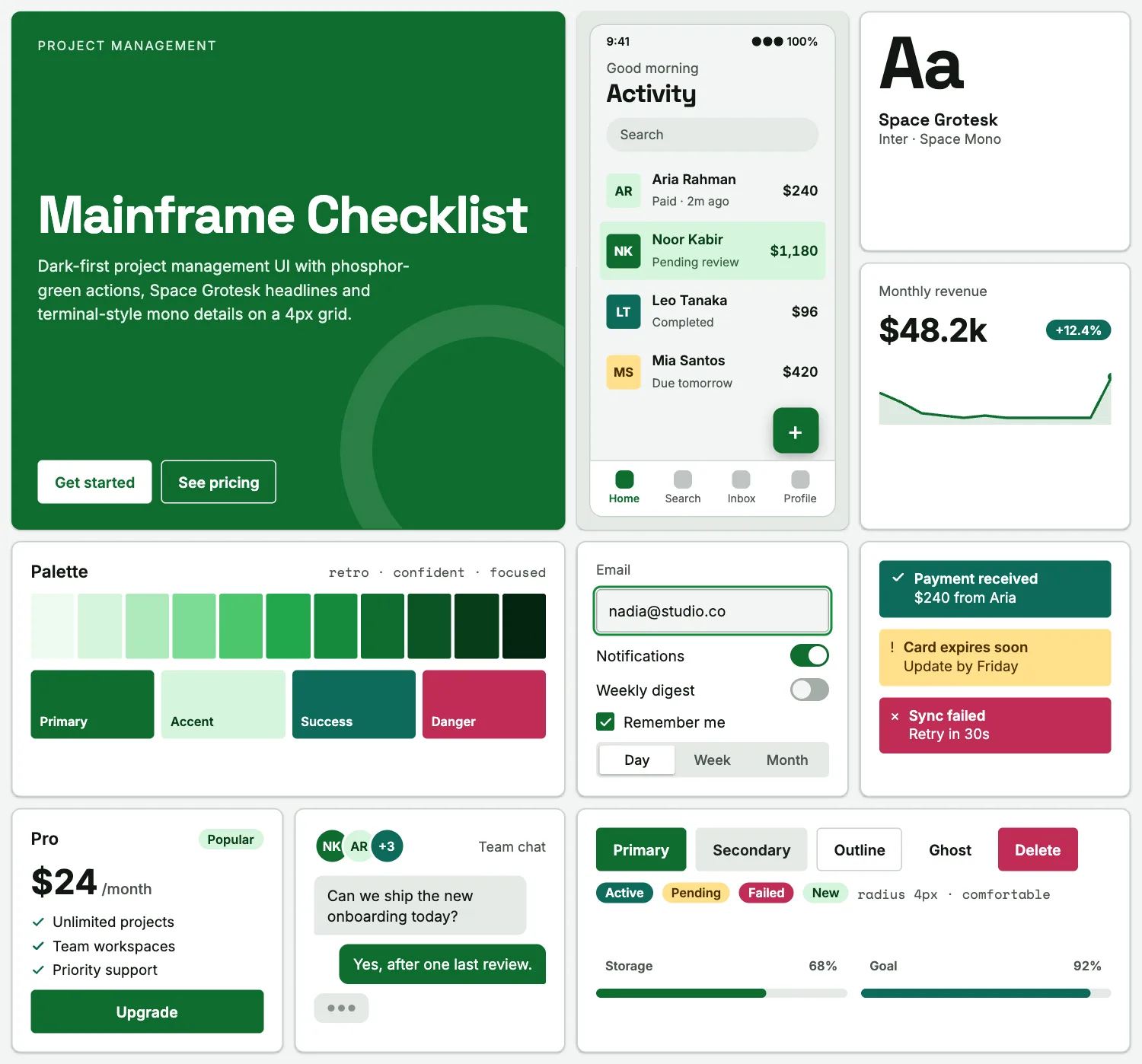 Mainframe Checklist across ten UI tiles: hero, phone screen, type, chart, palette, form, alerts, pricing, chat and buttons