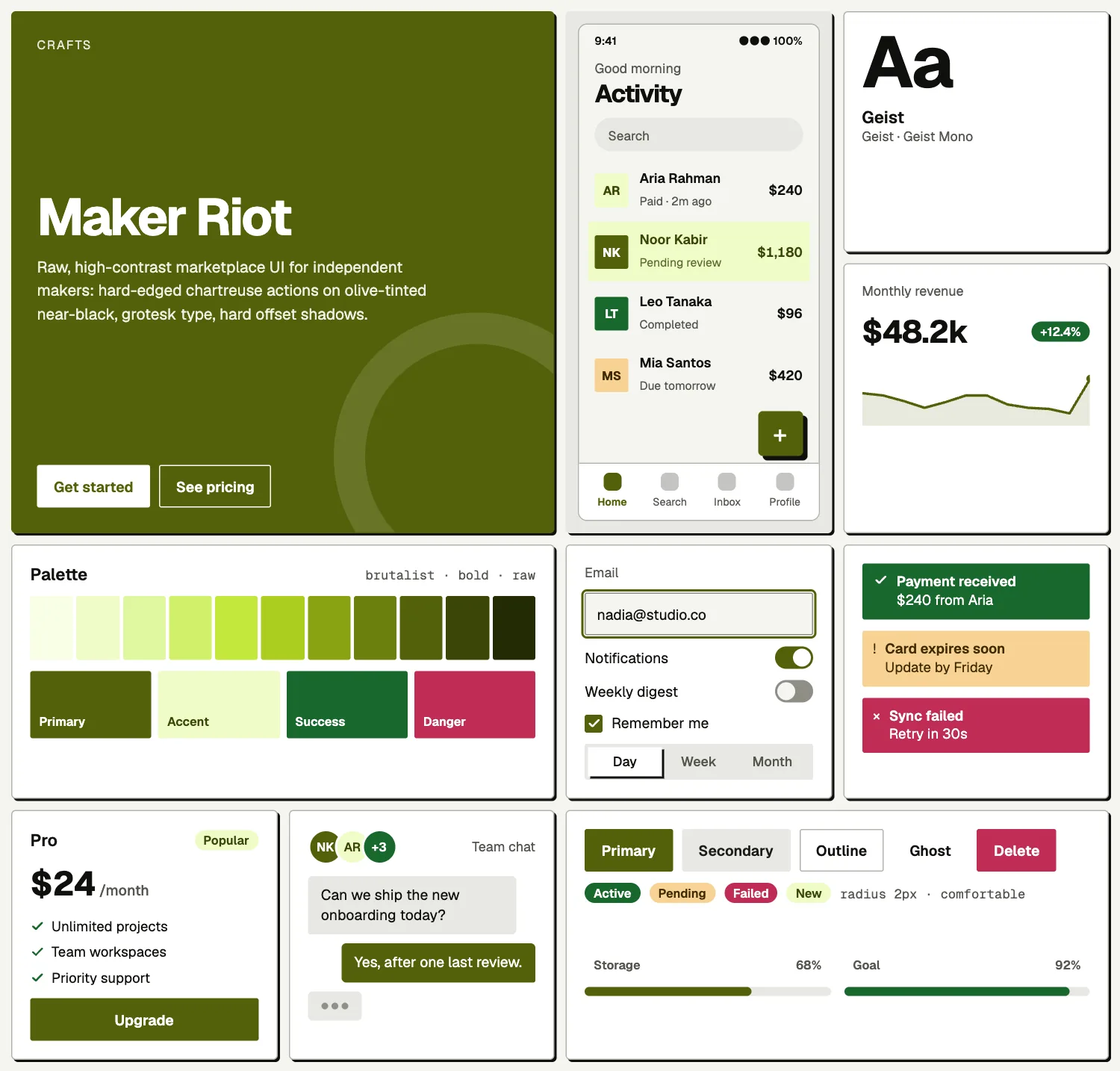 Maker Riot across ten UI tiles: hero, phone screen, type, chart, palette, form, alerts, pricing, chat and buttons