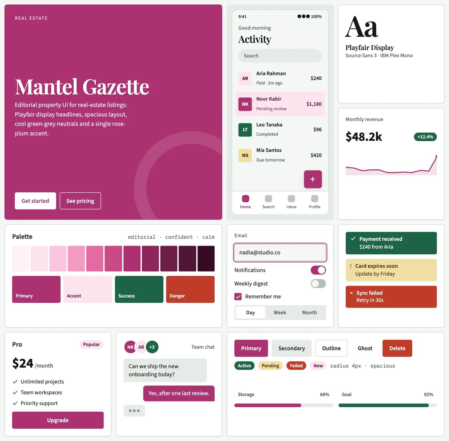 Mantel Gazette across ten UI tiles: hero, phone screen, type, chart, palette, form, alerts, pricing, chat and buttons