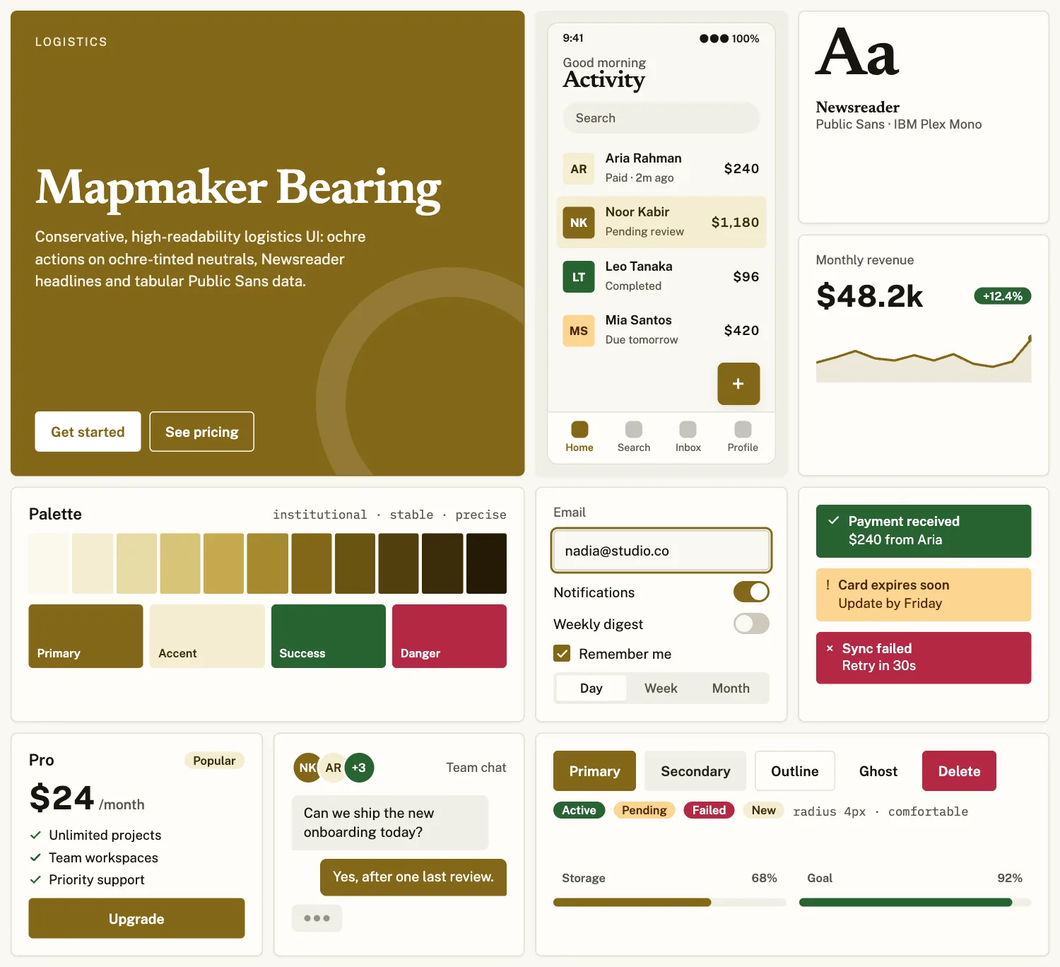 Mapmaker Bearing across ten UI tiles: hero, phone screen, type, chart, palette, form, alerts, pricing, chat and buttons