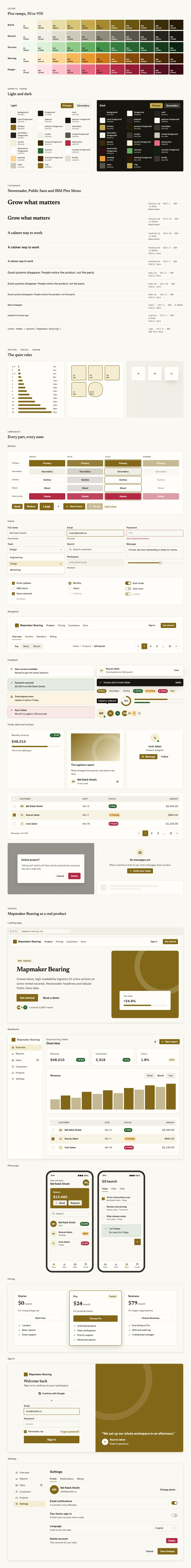 Mapmaker Bearing full preview: colour ramps, light and dark tokens, type scale, components in every state and six product screens