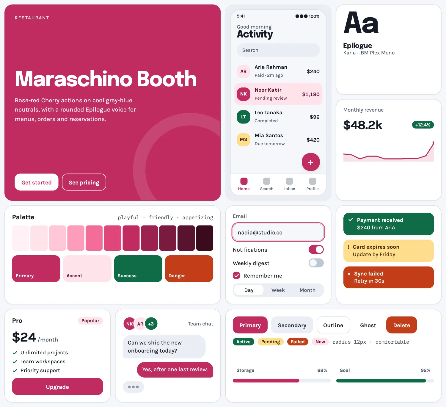 Maraschino Booth across ten UI tiles: hero, phone screen, type, chart, palette, form, alerts, pricing, chat and buttons