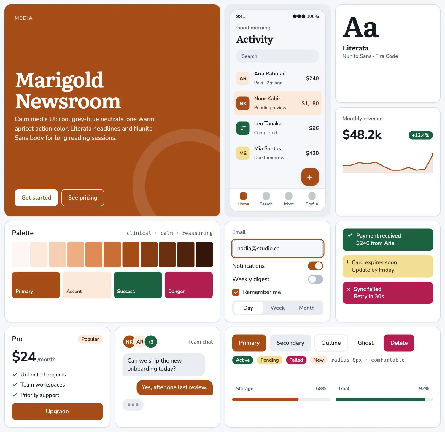 Marigold Newsroom across ten UI tiles: hero, phone screen, type, chart, palette, form, alerts, pricing, chat and buttons