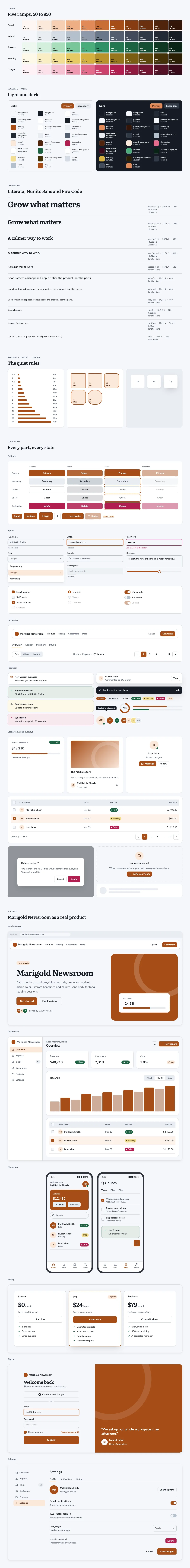 Marigold Newsroom full preview: colour ramps, light and dark tokens, type scale, components in every state and six product screens