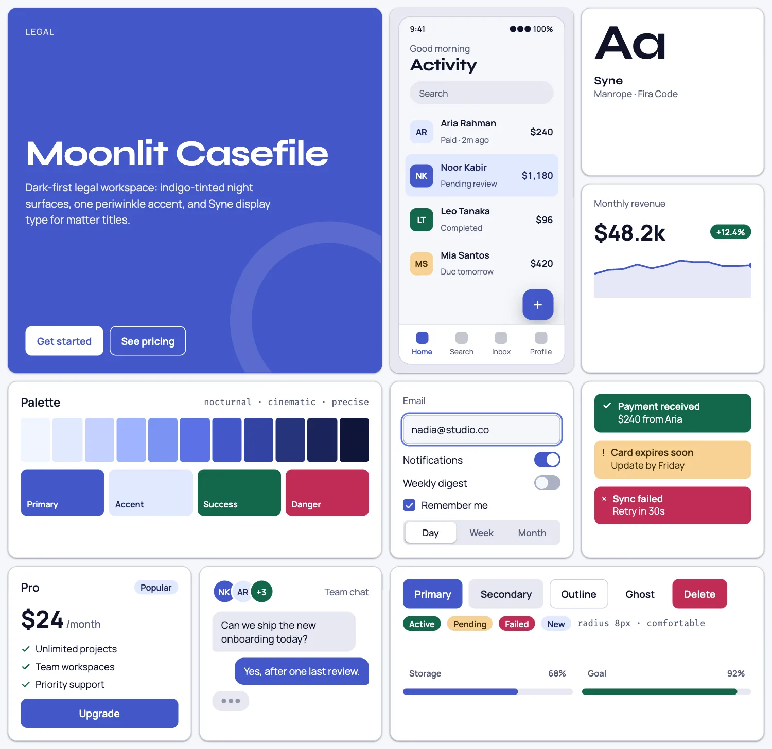 Moonlit Casefile across ten UI tiles: hero, phone screen, type, chart, palette, form, alerts, pricing, chat and buttons