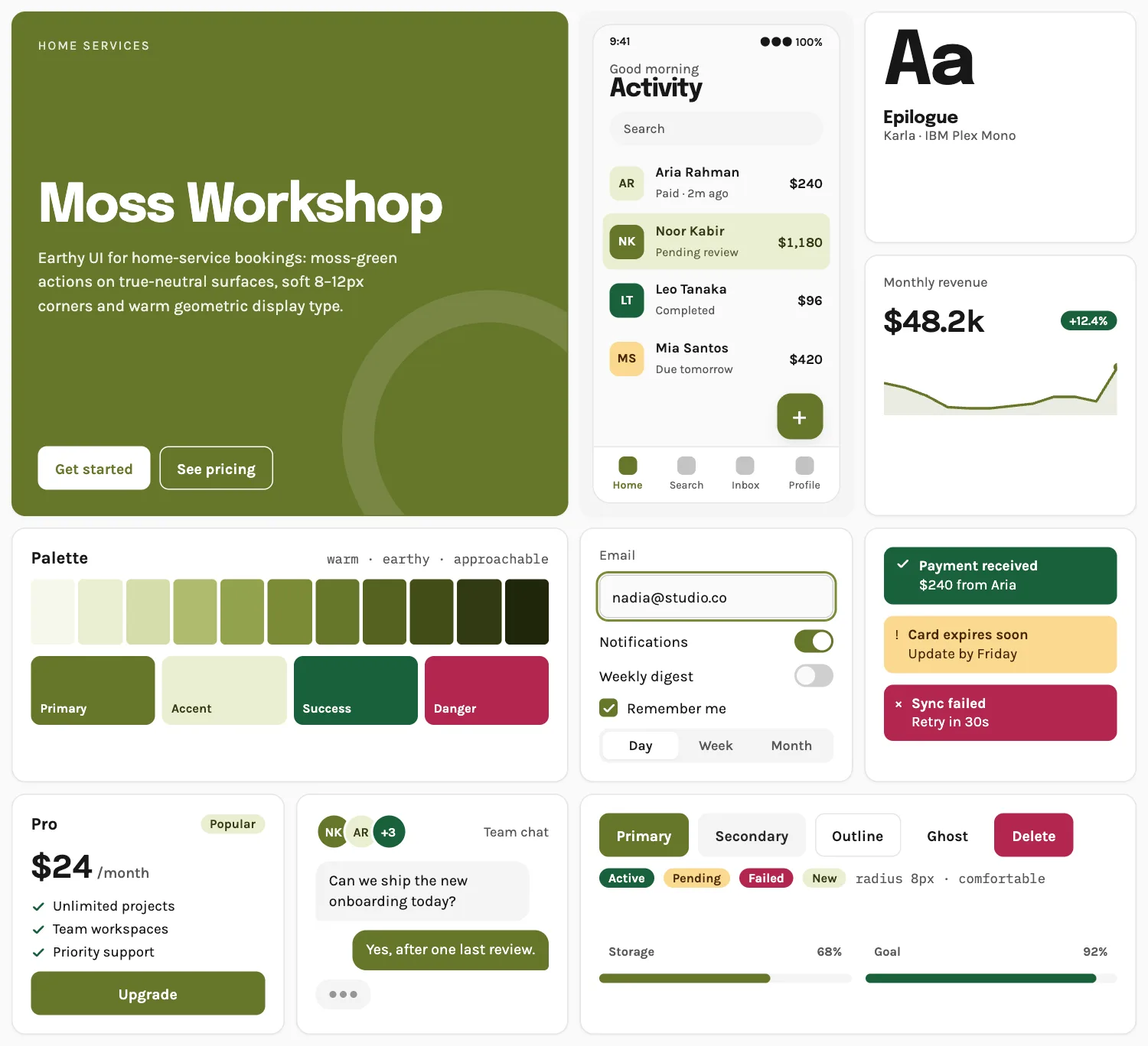 Moss Workshop across ten UI tiles: hero, phone screen, type, chart, palette, form, alerts, pricing, chat and buttons