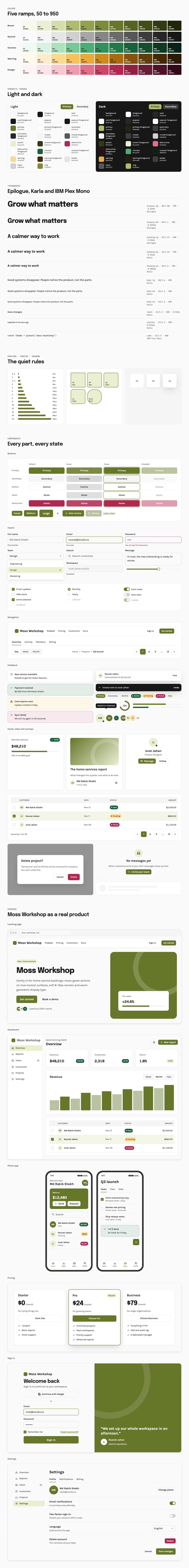 Moss Workshop full preview: colour ramps, light and dark tokens, type scale, components in every state and six product screens