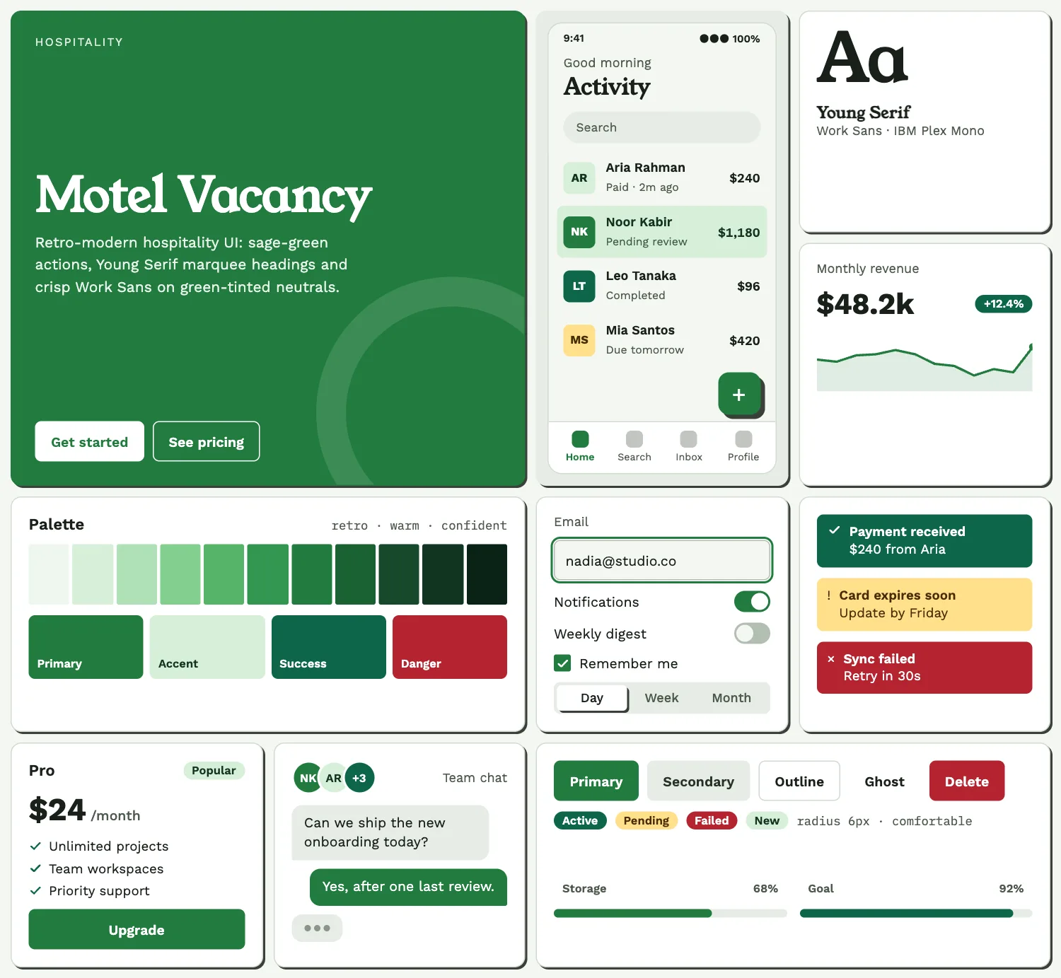 Motel Vacancy across ten UI tiles: hero, phone screen, type, chart, palette, form, alerts, pricing, chat and buttons