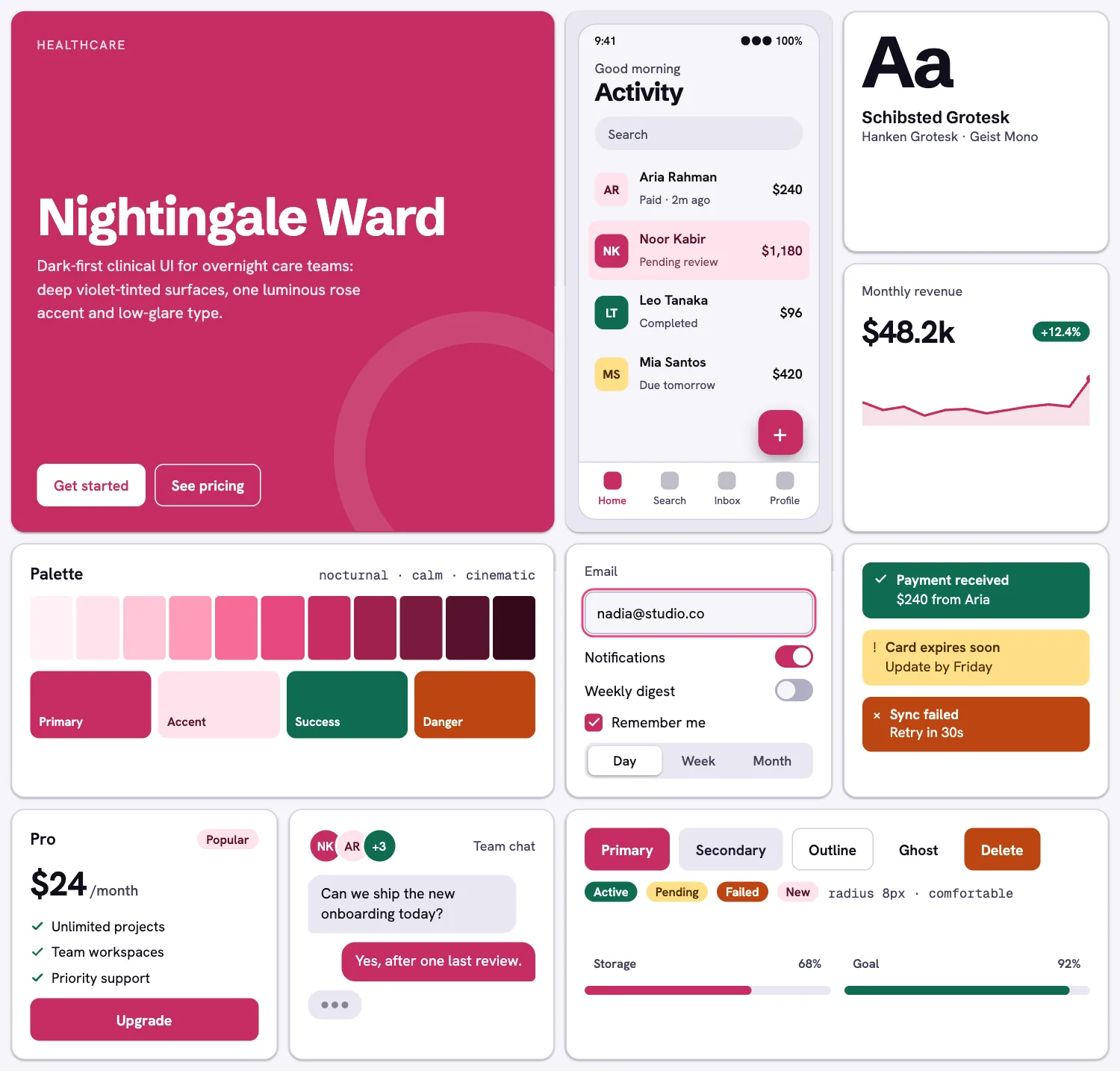 Nightingale Ward across ten UI tiles: hero, phone screen, type, chart, palette, form, alerts, pricing, chat and buttons
