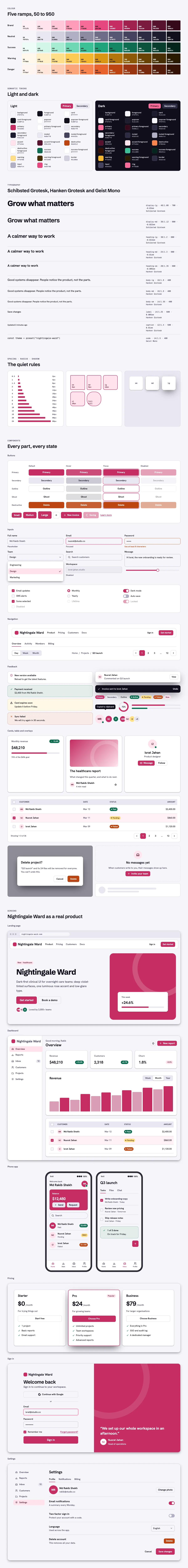 Nightingale Ward full preview: colour ramps, light and dark tokens, type scale, components in every state and six product screens
