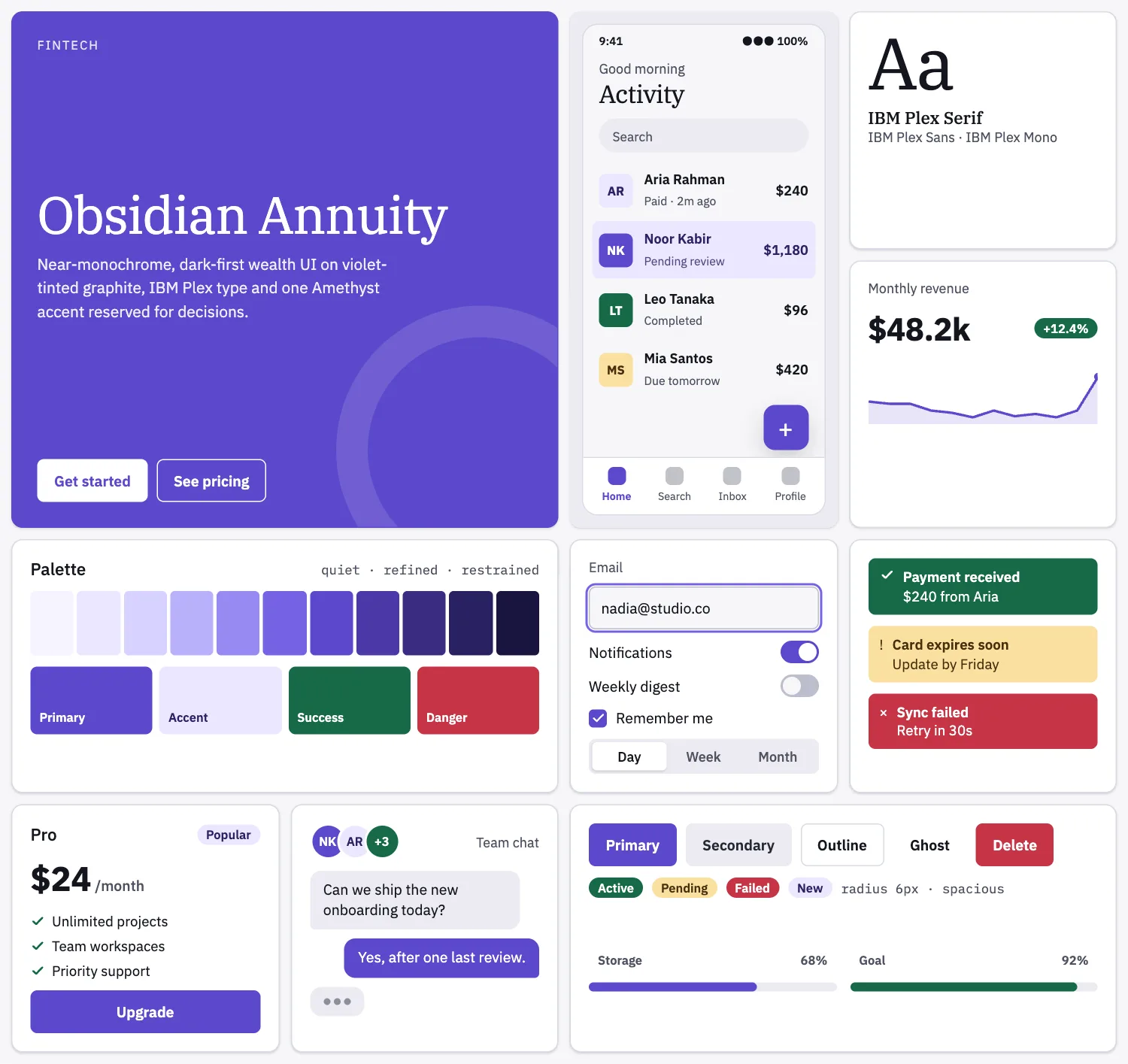 Obsidian Annuity across ten UI tiles: hero, phone screen, type, chart, palette, form, alerts, pricing, chat and buttons