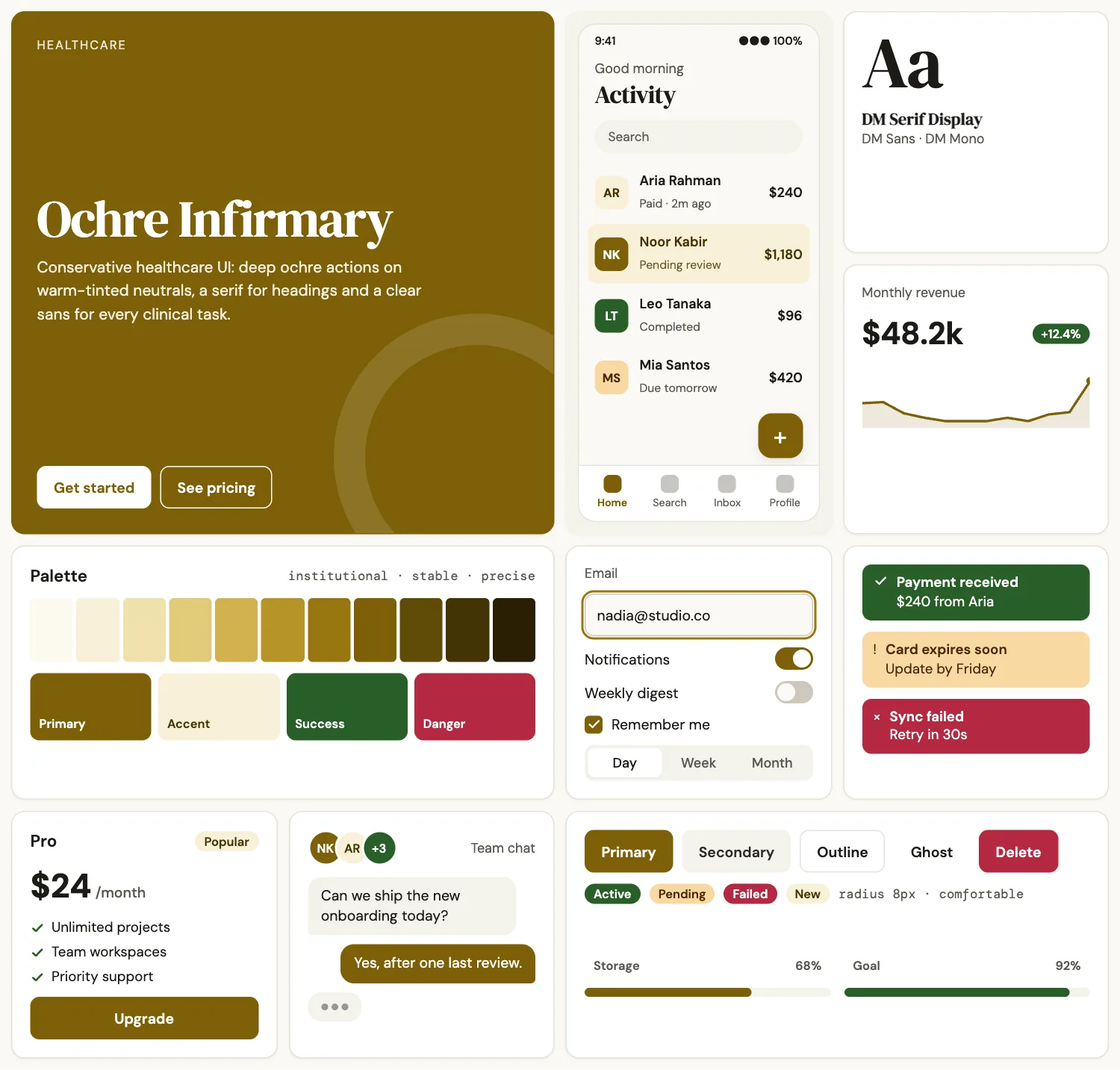 Ochre Infirmary across ten UI tiles: hero, phone screen, type, chart, palette, form, alerts, pricing, chat and buttons