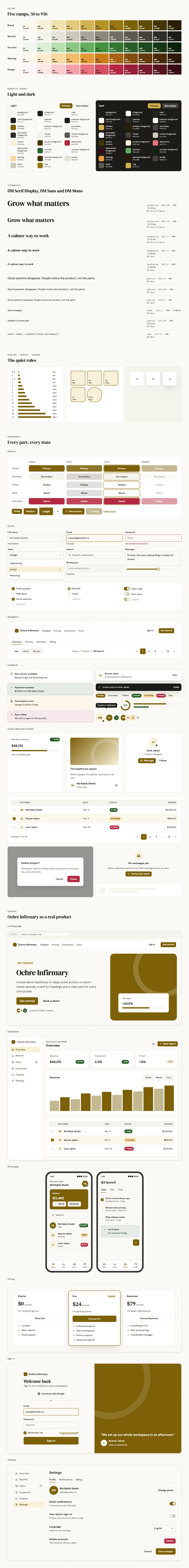 Ochre Infirmary full preview: colour ramps, light and dark tokens, type scale, components in every state and six product screens