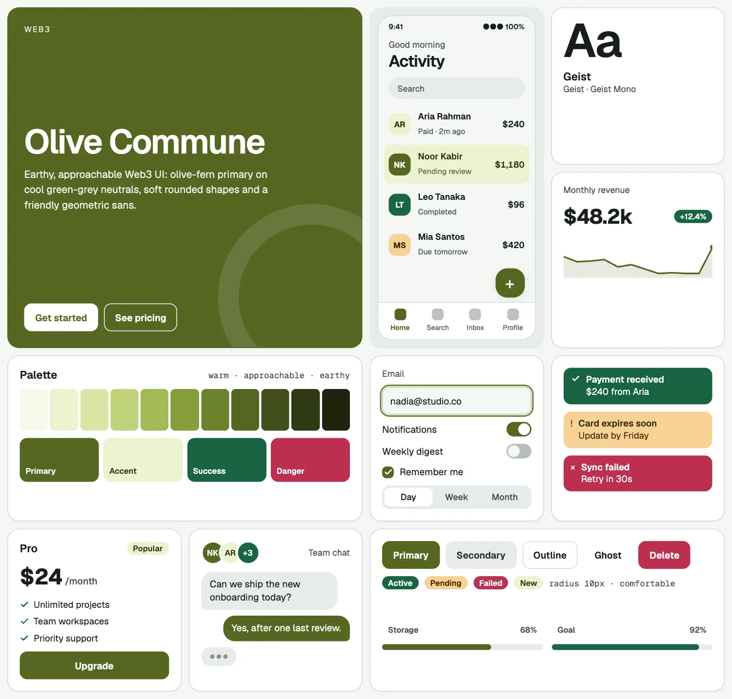 Olive Commune across ten UI tiles: hero, phone screen, type, chart, palette, form, alerts, pricing, chat and buttons