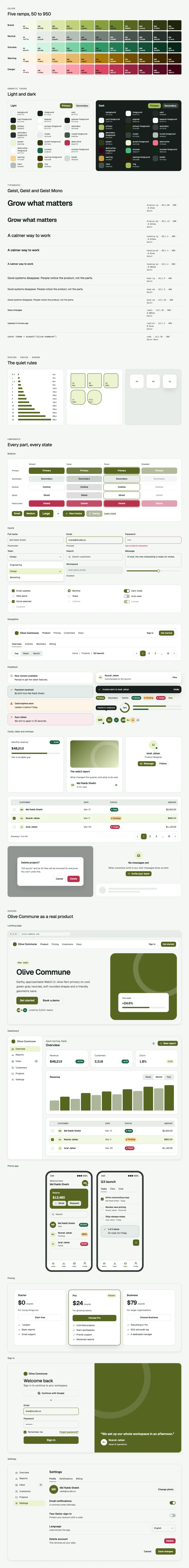 Olive Commune full preview: colour ramps, light and dark tokens, type scale, components in every state and six product screens