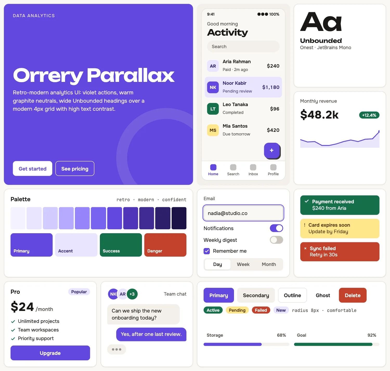 Orrery Parallax across ten UI tiles: hero, phone screen, type, chart, palette, form, alerts, pricing, chat and buttons