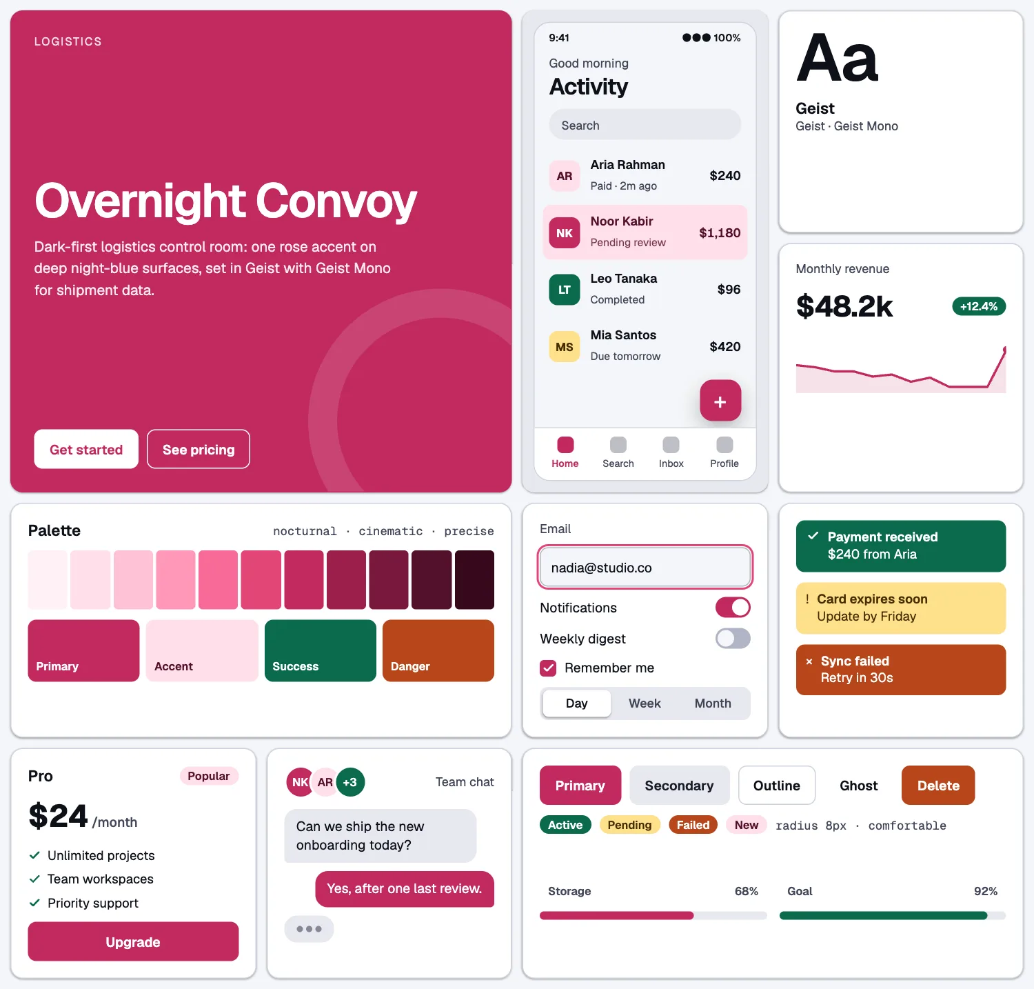 Overnight Convoy across ten UI tiles: hero, phone screen, type, chart, palette, form, alerts, pricing, chat and buttons