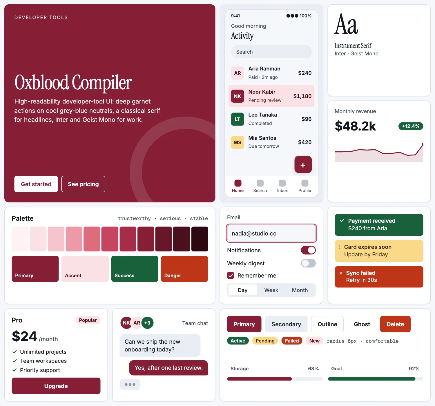 Oxblood Compiler across ten UI tiles: hero, phone screen, type, chart, palette, form, alerts, pricing, chat and buttons
