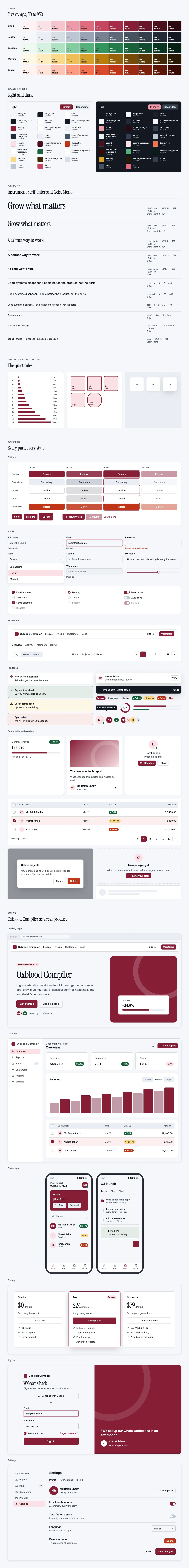 Oxblood Compiler full preview: colour ramps, light and dark tokens, type scale, components in every state and six product screens