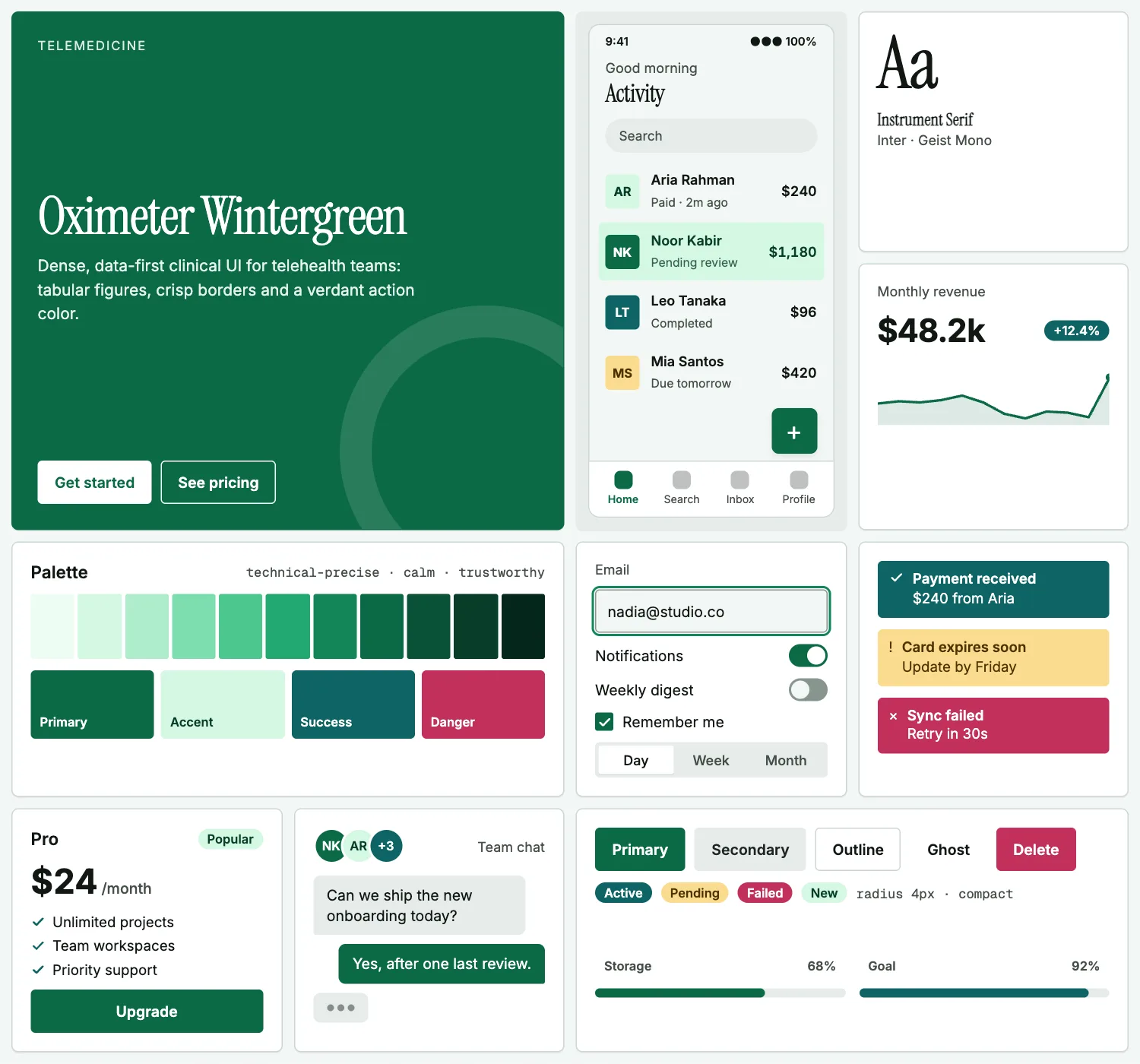 Oximeter Wintergreen across ten UI tiles: hero, phone screen, type, chart, palette, form, alerts, pricing, chat and buttons