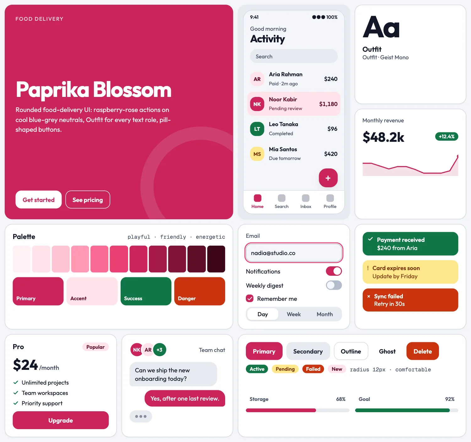 Paprika Blossom across ten UI tiles: hero, phone screen, type, chart, palette, form, alerts, pricing, chat and buttons