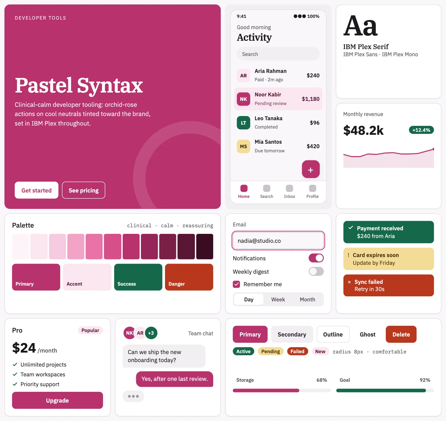 Pastel Syntax across ten UI tiles: hero, phone screen, type, chart, palette, form, alerts, pricing, chat and buttons