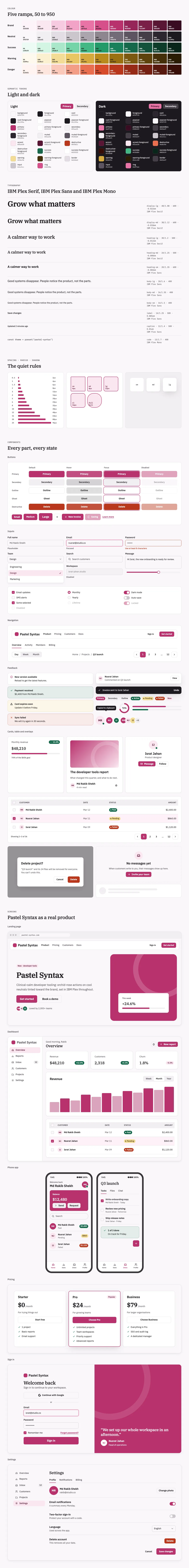 Pastel Syntax full preview: colour ramps, light and dark tokens, type scale, components in every state and six product screens