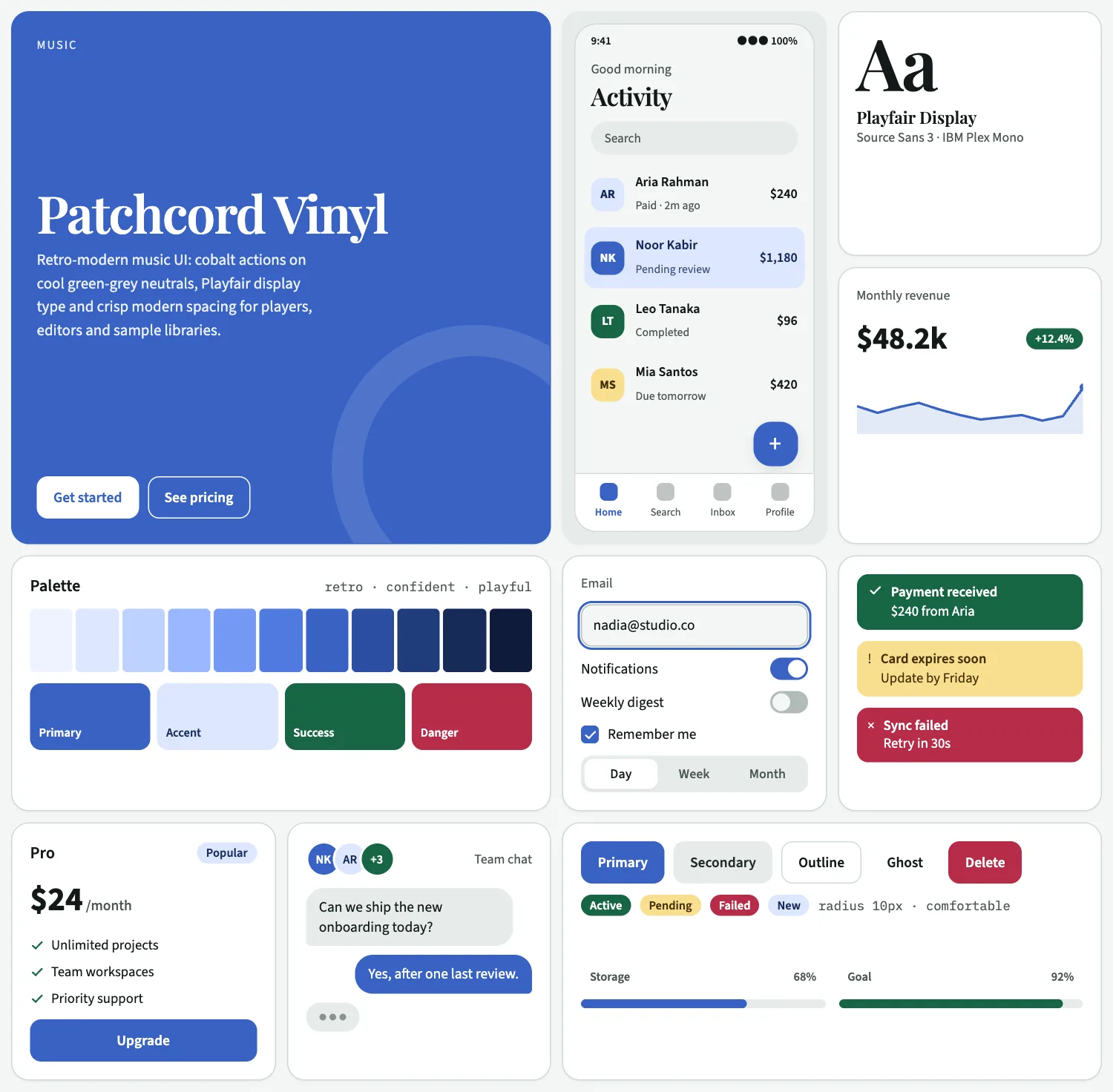 Patchcord Vinyl across ten UI tiles: hero, phone screen, type, chart, palette, form, alerts, pricing, chat and buttons