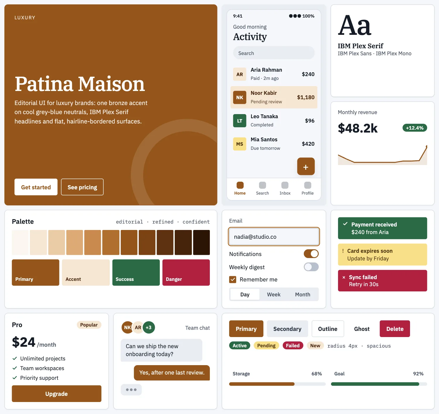 Patina Maison across ten UI tiles: hero, phone screen, type, chart, palette, form, alerts, pricing, chat and buttons