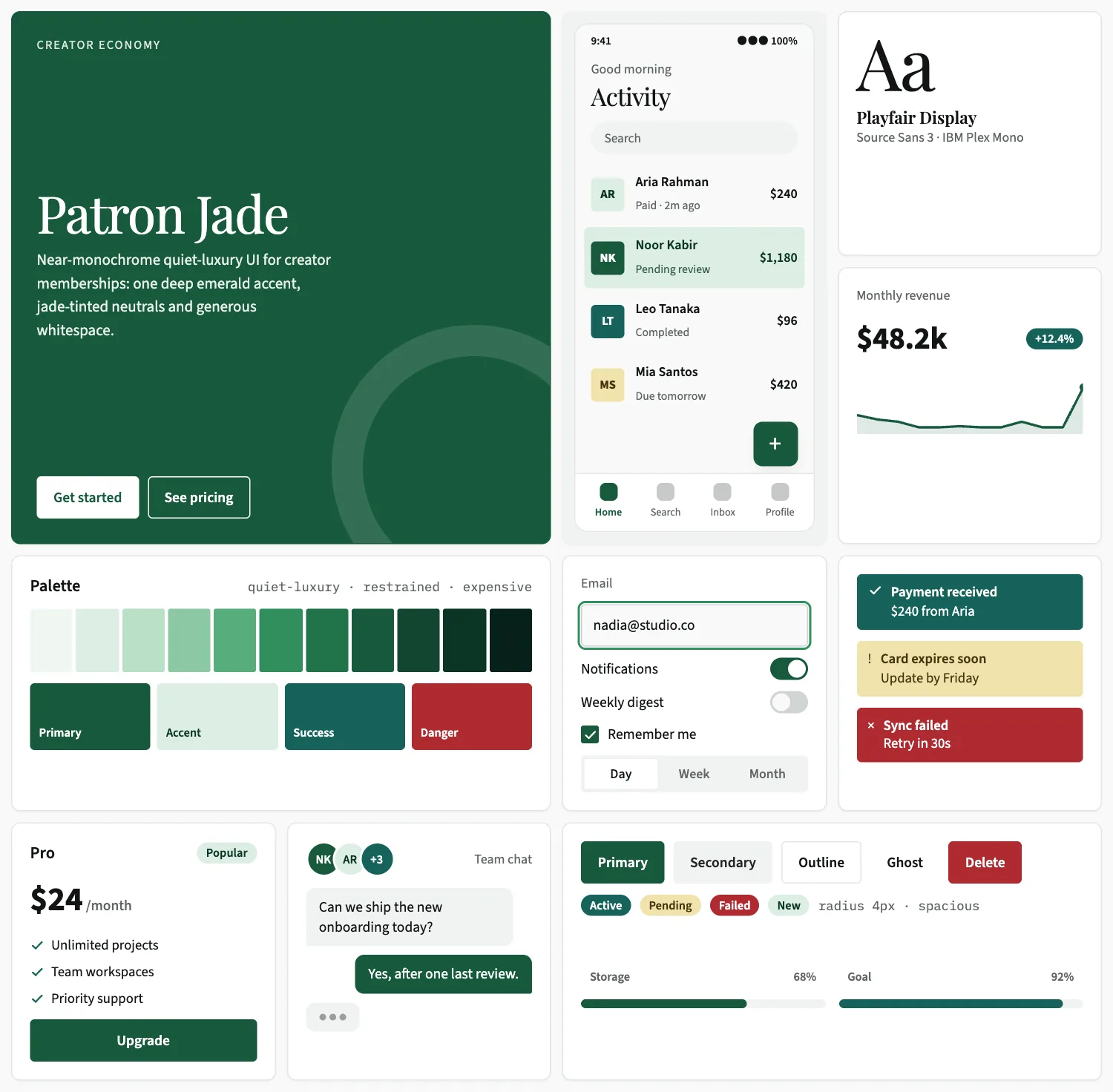 Patron Jade across ten UI tiles: hero, phone screen, type, chart, palette, form, alerts, pricing, chat and buttons