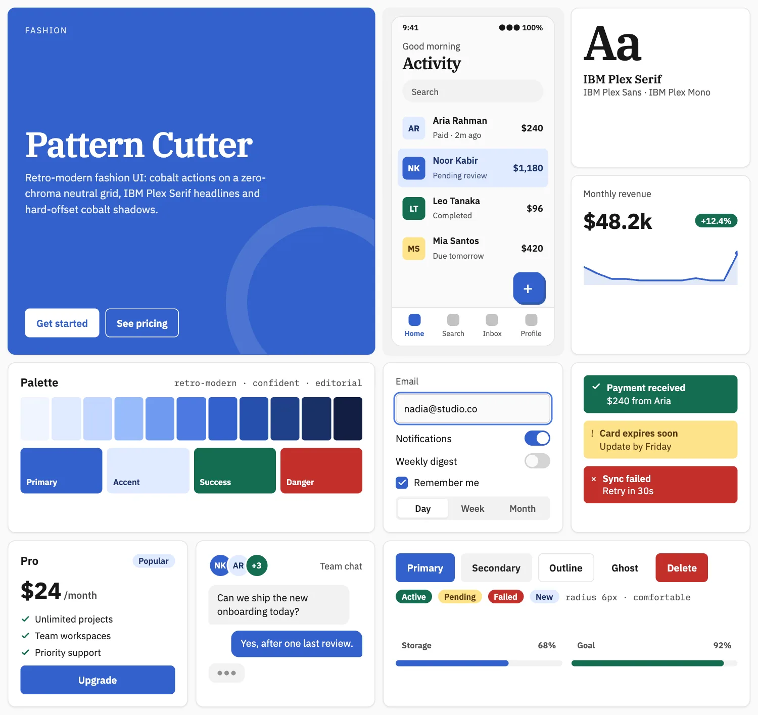 Pattern Cutter across ten UI tiles: hero, phone screen, type, chart, palette, form, alerts, pricing, chat and buttons