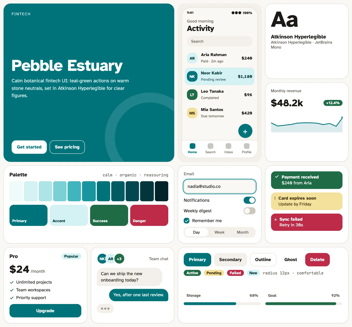 Pebble Estuary across ten UI tiles: hero, phone screen, type, chart, palette, form, alerts, pricing, chat and buttons