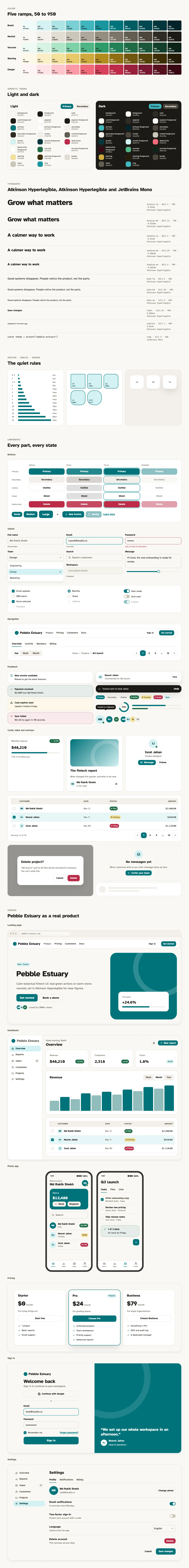 Pebble Estuary full preview: colour ramps, light and dark tokens, type scale, components in every state and six product screens