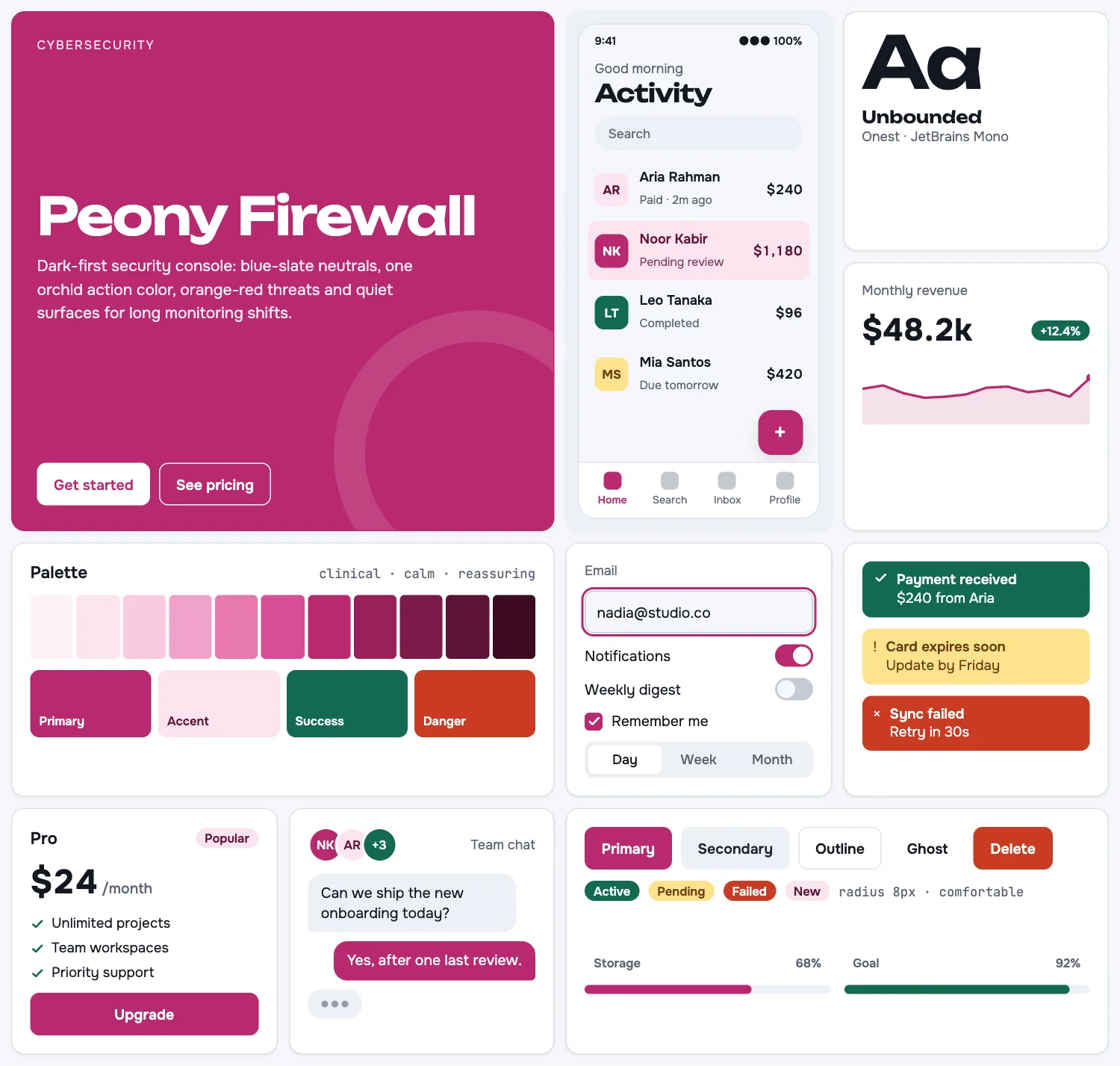 Peony Firewall across ten UI tiles: hero, phone screen, type, chart, palette, form, alerts, pricing, chat and buttons