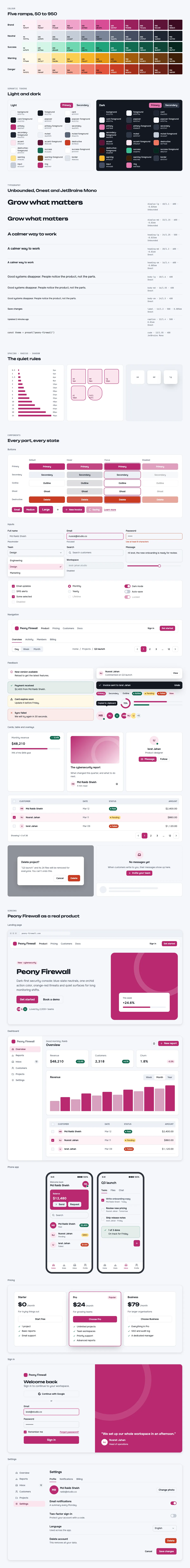 Peony Firewall full preview: colour ramps, light and dark tokens, type scale, components in every state and six product screens