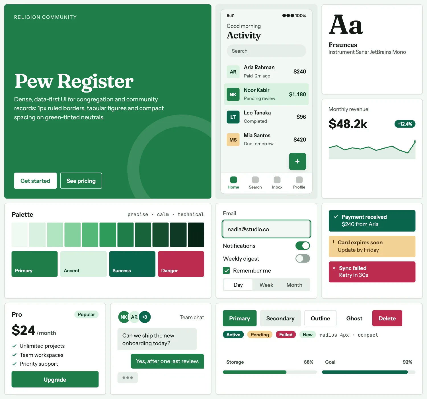 Pew Register across ten UI tiles: hero, phone screen, type, chart, palette, form, alerts, pricing, chat and buttons