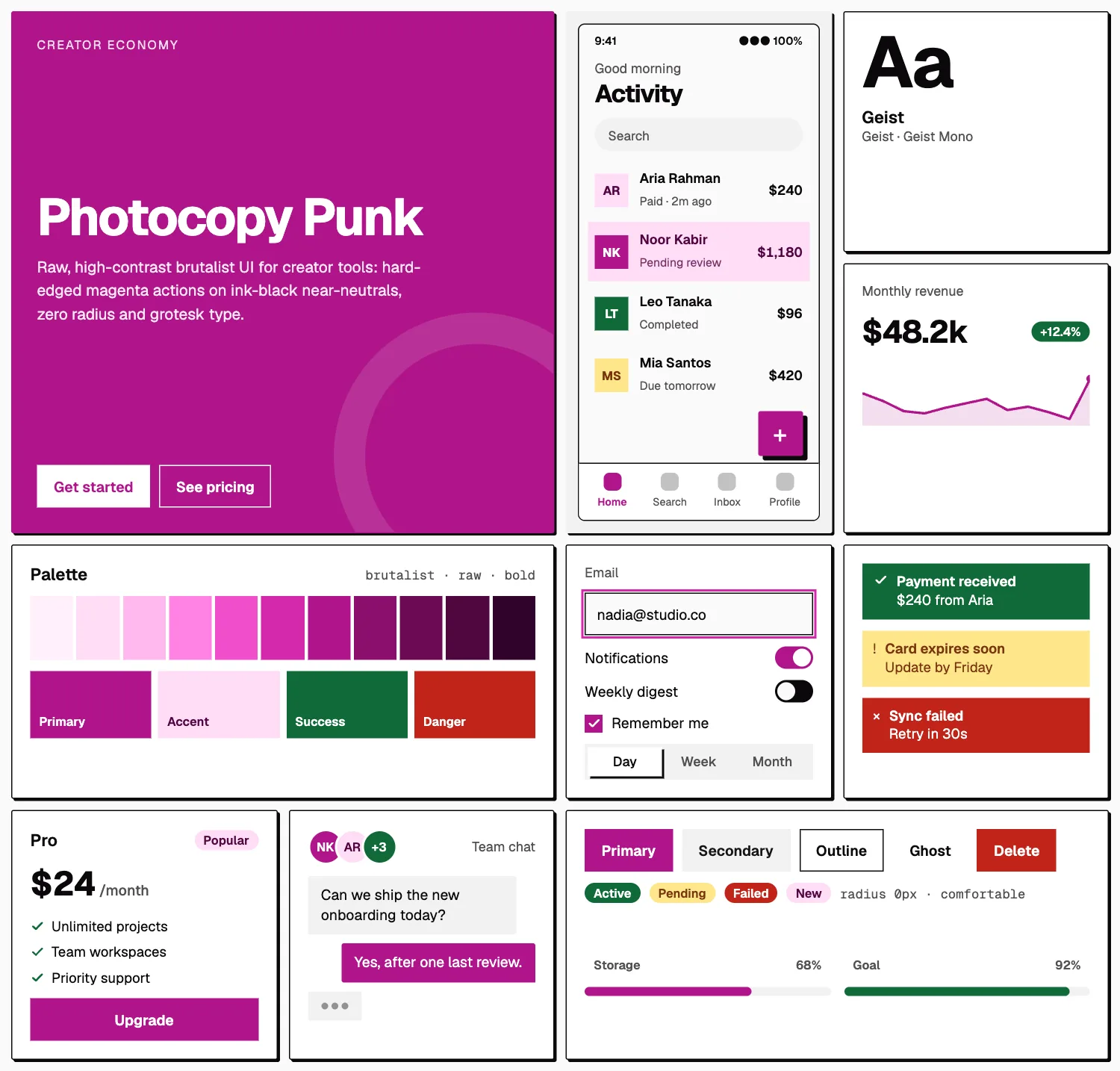 Photocopy Punk across ten UI tiles: hero, phone screen, type, chart, palette, form, alerts, pricing, chat and buttons