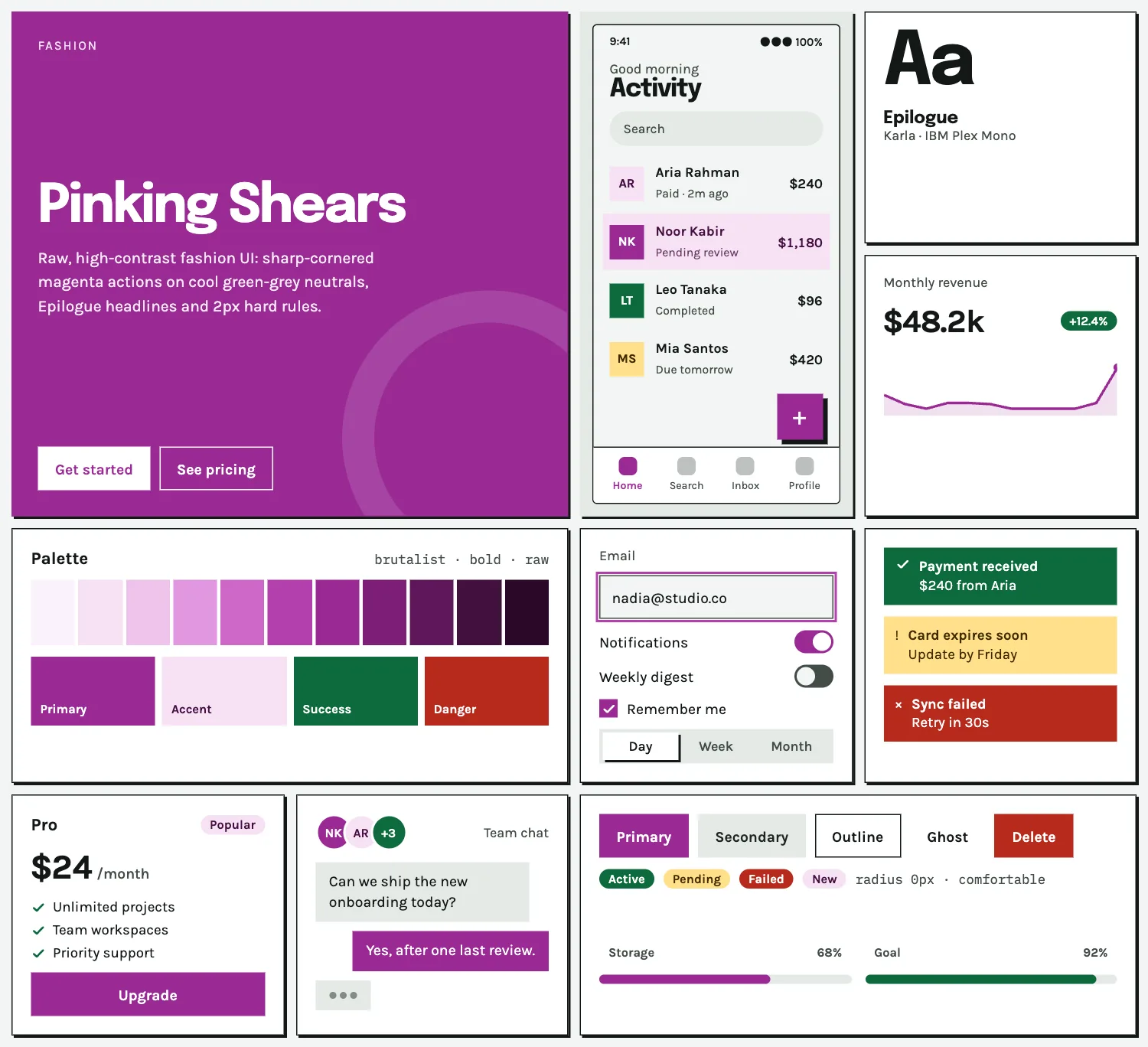 Pinking Shears across ten UI tiles: hero, phone screen, type, chart, palette, form, alerts, pricing, chat and buttons