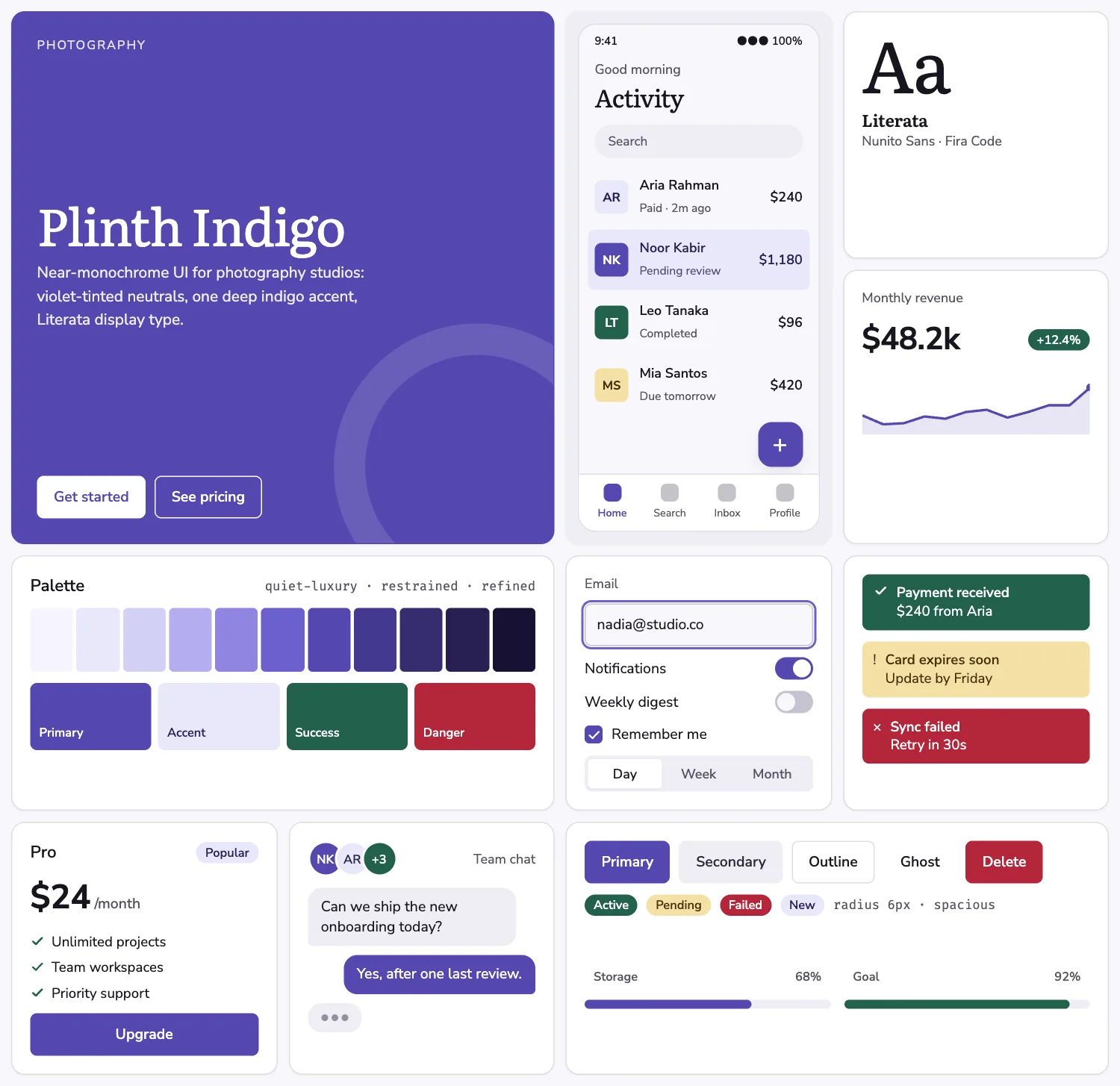 Plinth Indigo across ten UI tiles: hero, phone screen, type, chart, palette, form, alerts, pricing, chat and buttons