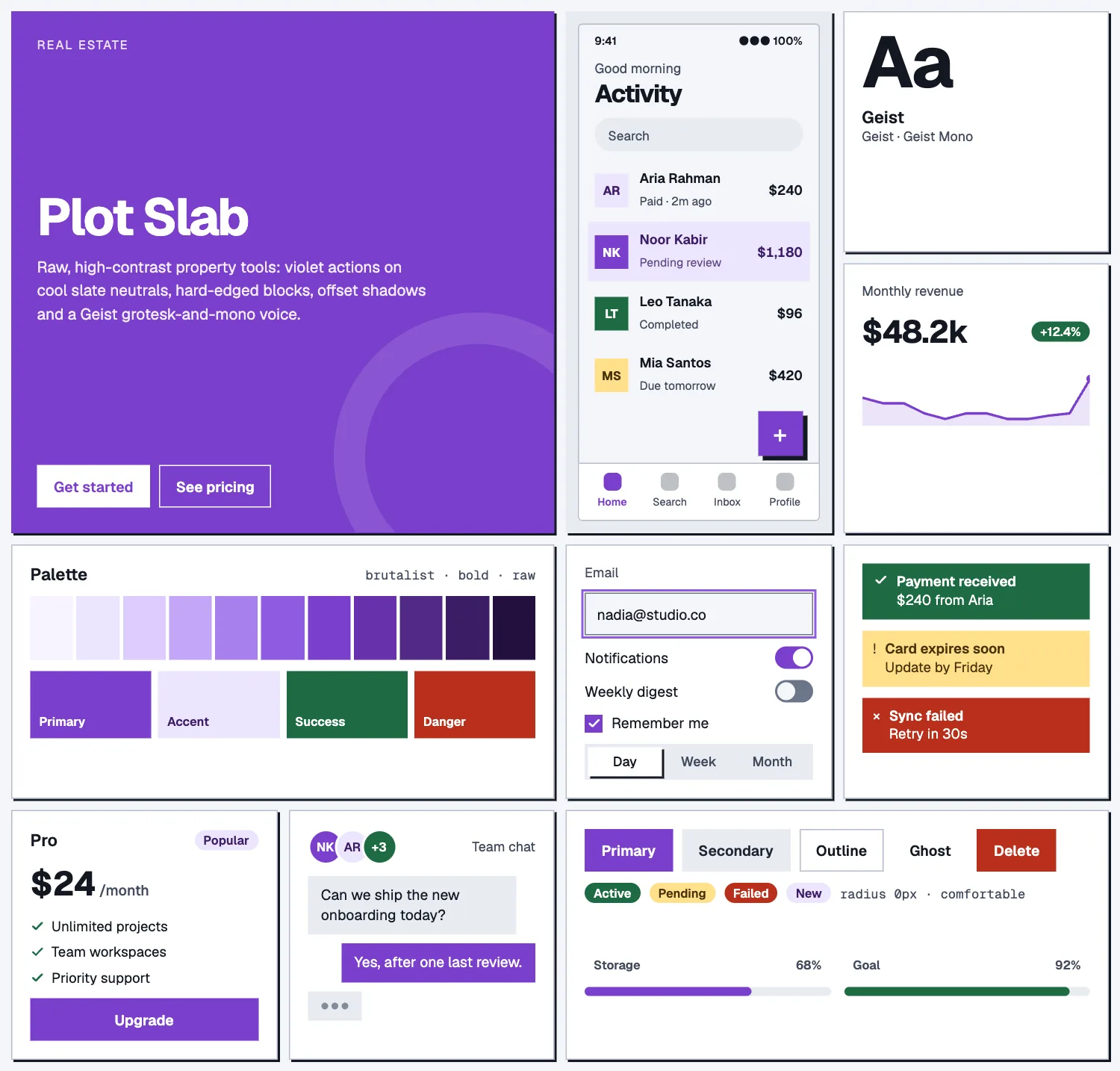 Plot Slab across ten UI tiles: hero, phone screen, type, chart, palette, form, alerts, pricing, chat and buttons